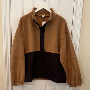 J. Crew Tan and Black Quilted Fleece Pullover